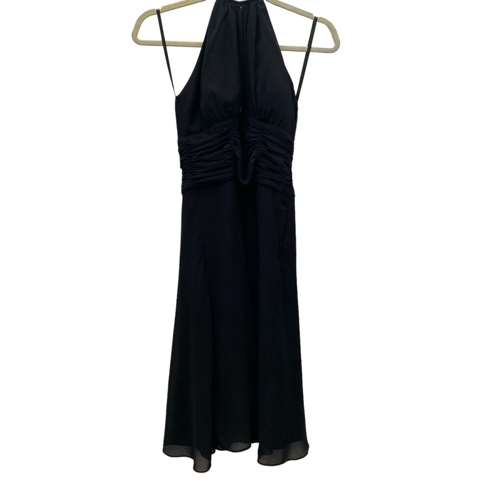 WHITE HOUSE BLACK MARKET Black Halter Ruched Waist Flare Mdi-Dress Size 4 - Picture 2 of 4